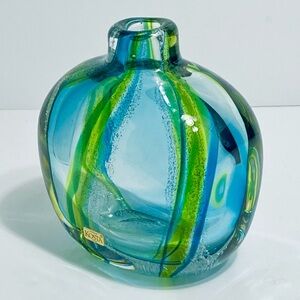RARE GORAN WARFF Kosta Boda Marble Swirl Blue/Green Art Glass Vase - Signed